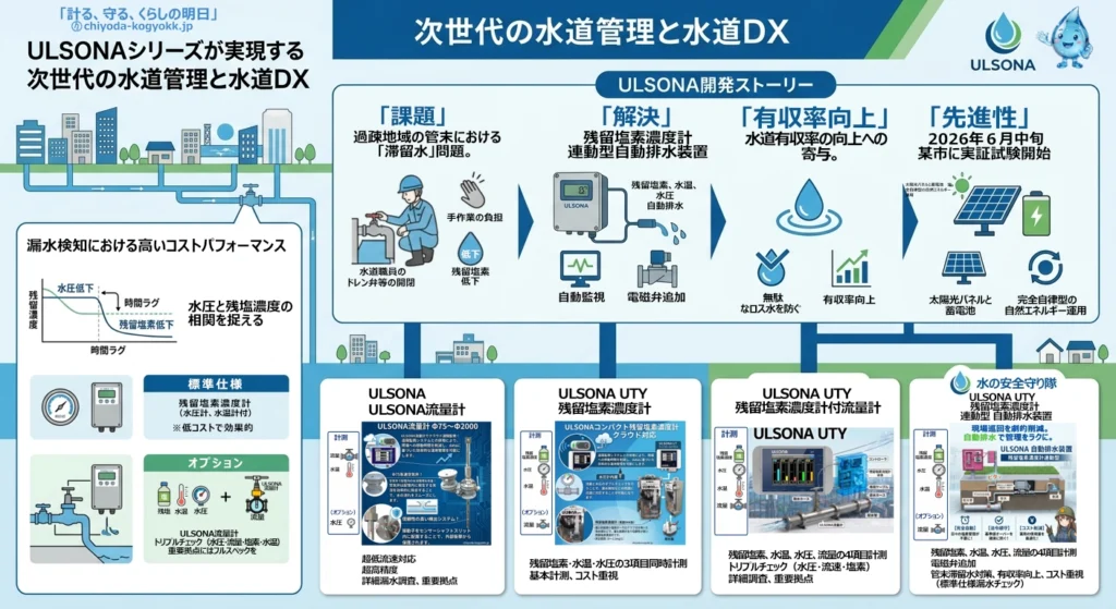 滞留水対策や有収率向上、相関関係による漏水検知など、ULSONAシリーズが解決する水道インフラの課題と製品ラインナップ一覧。