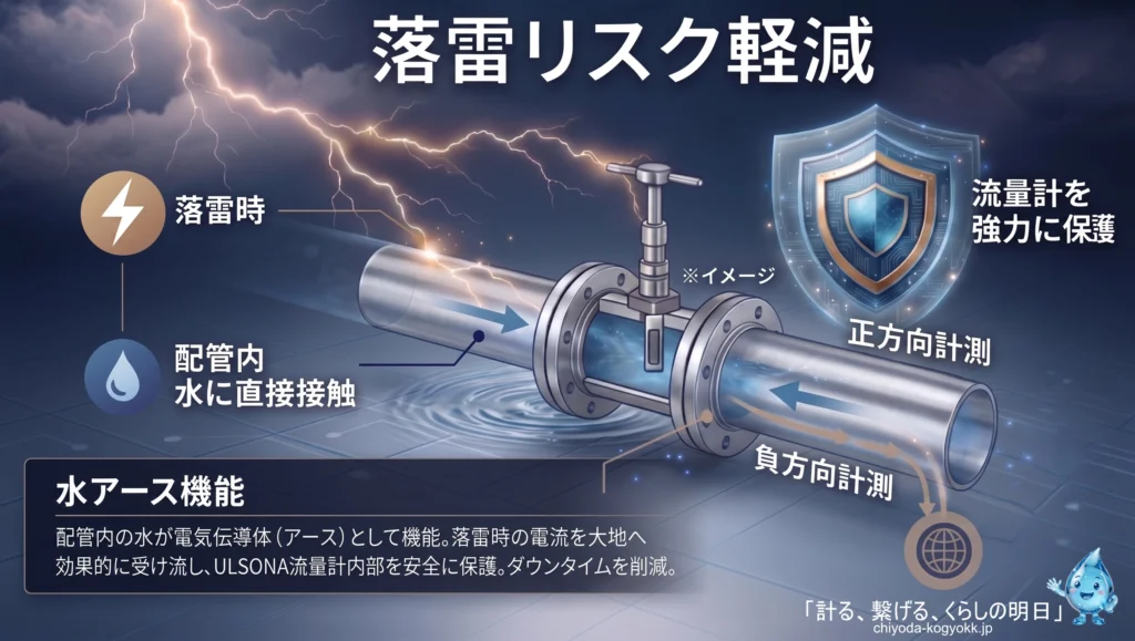 落雷時のリスクを軽減するULSONA流量計のメカニズム。配管内の水に直接接する構造により、水がマイナスアースとなって過電流を逃がし、機器を保護する仕組みを解説。