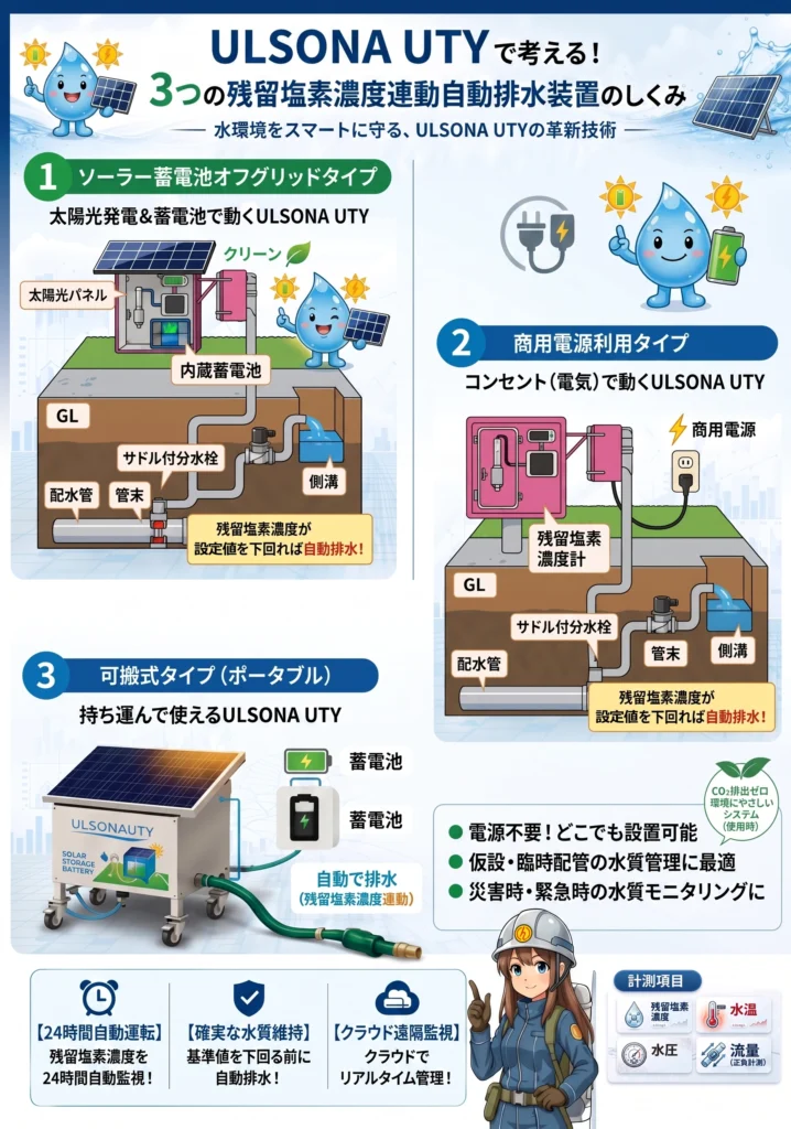 残留塩素濃度連動自動排水装置ULSONA UTYの3つのタイプ（ソーラーオフグリッド・商用電源・可搬式ポータブル）の仕組みと特徴の解説イラスト
