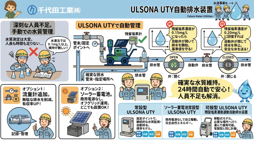 千代田工業株式会社のULSONA UTY自動排水装置の仕組み解説イラスト。手動による水質管理の人員不足という課題に対し、残留塩素濃度（0.15mg/Lで自動弁を開き排水開始、0.20mg/Lで自動弁を閉じ排水停止）を24時間自動管理する仕組みを図解。オプションの流量計やソーラー蓄電池、3つのモデル（常設型、ソーラー蓄電池常設型、可搬型）の特徴が描かれています。