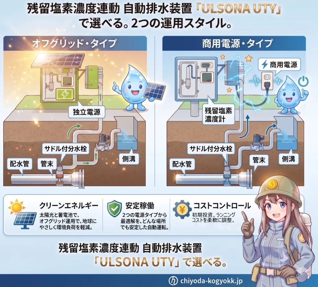 自動排水装置「ULSONA UTY」の仕組み解説図。ソーラー蓄電池型と商用電源型の2タイプがあり、どちらも残留塩素濃度が基準値を下回ると自動排水して水質を維持します。