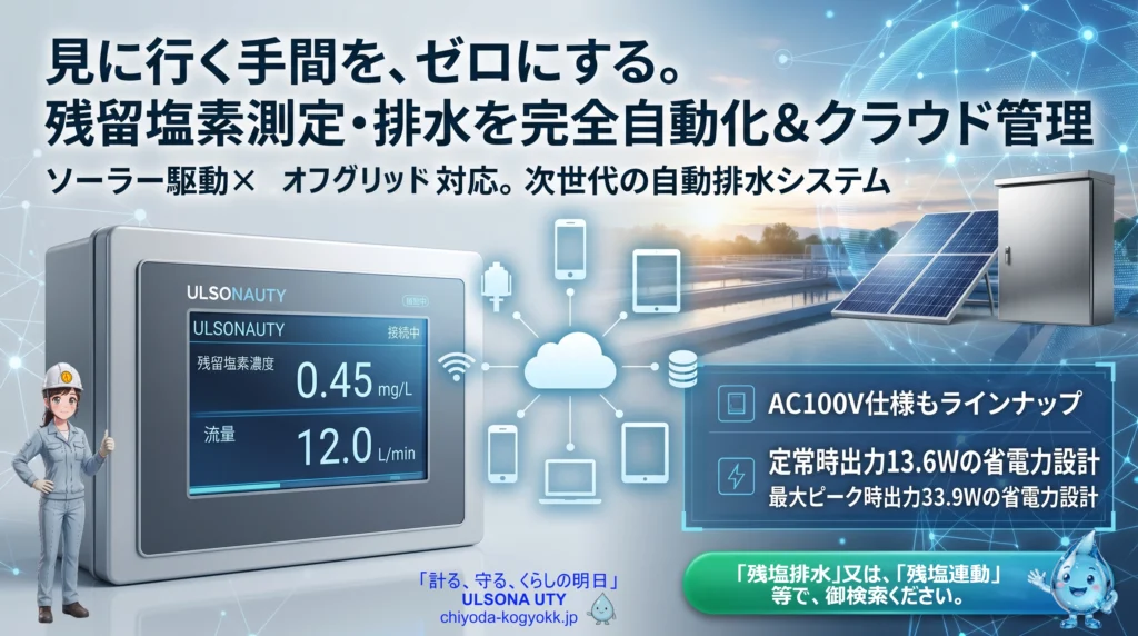 次世代自動排水システム「ULSONAUTY」のPR画像。ソーラー駆動・オフグリッド対応で、残留塩素測定と排水の完全自動化・クラウド管理を実現する製品の特徴やスペック、測定モニターが描かれています。
