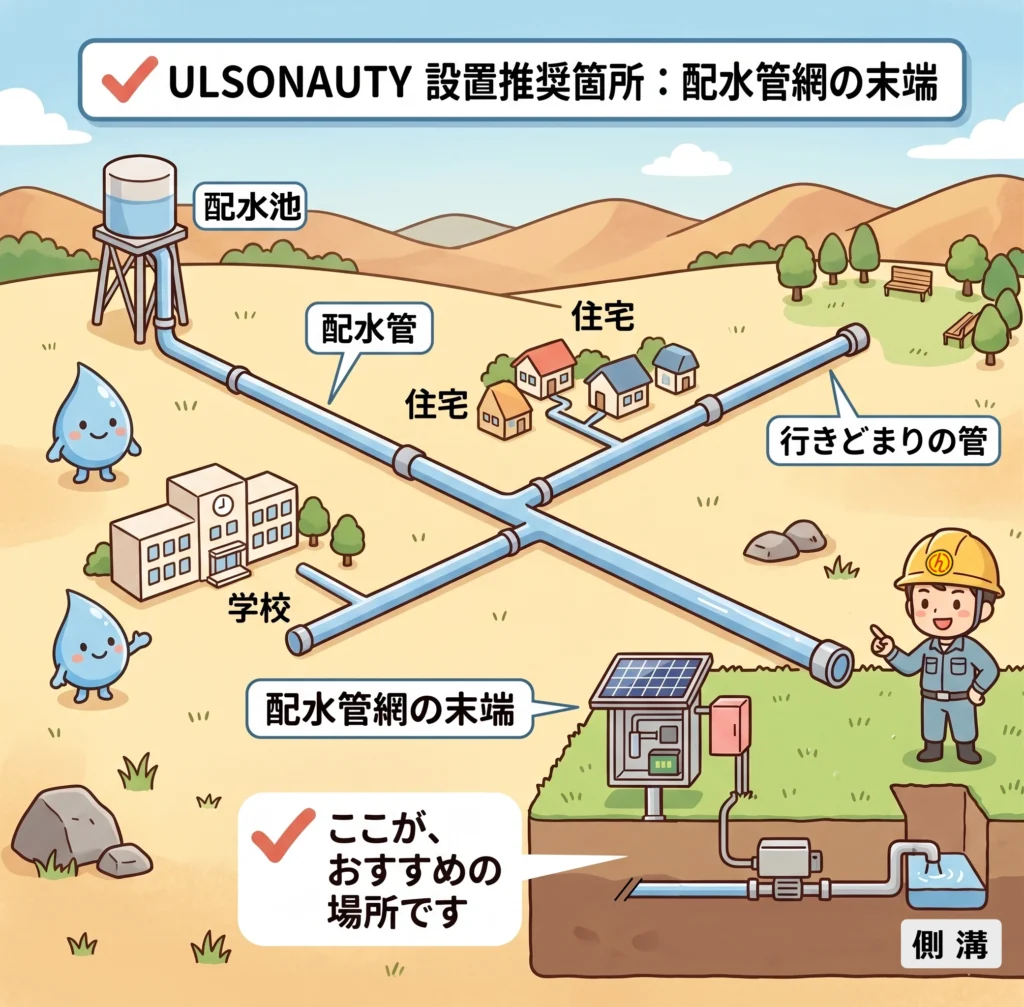 スマート配水インフラ管理のコンセプト図。太陽光パネルと内蔵コントローラ、および subterranean の流量計・バルブを備えた自律型フラッシングユニット（ULSONAUTY）を配水管の末端に配置。滞留水（「行きどまりの管」）の問題をオフグリッドで解決する最先端ソリューションを視覚化。
