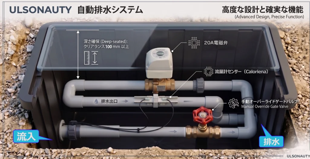 ULSONAUTY内部図。流量計と20A電磁弁による排水経路、見やすい手動バルブ、機器を守る深さ100mm以上の保護設計を分かりやすく図解。