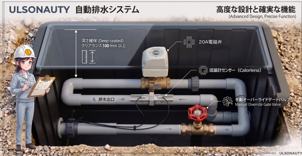 ULSONA UTY自動排水装置の埋設ボックス内の電磁弁排水システム画像です。