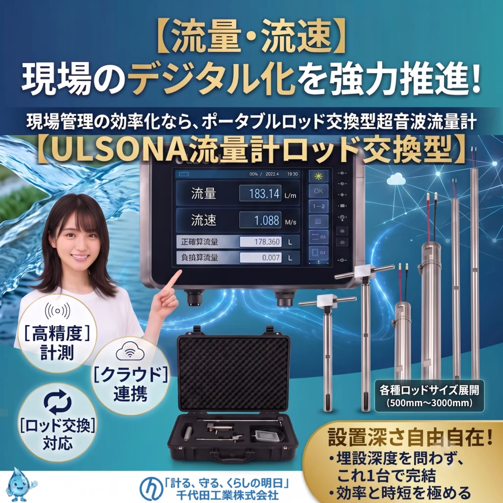 千代田工業のポータブル超音波流量計ULSONA。500〜3000mmのロッド交換式で現場のデジタル化を推進。