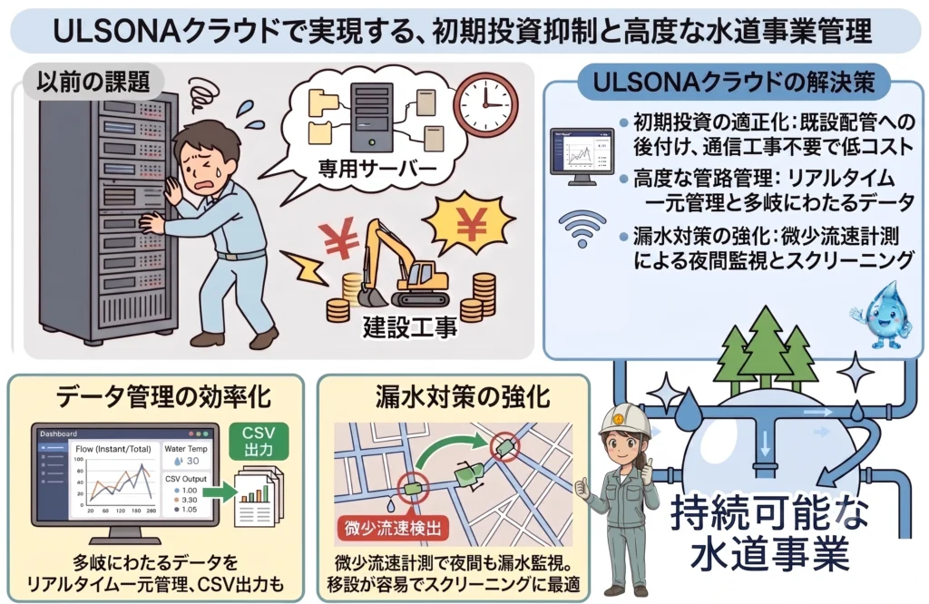 ULSONAクラウドによる初期投資抑制と高度な水道事業管理（課題と解決策、データ管理、漏水対策の解説図）