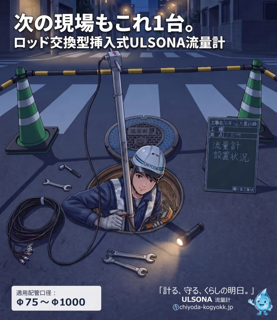 1台で多様な現場に対応可能な、ロッド交換型ULSONA流量計の設置イラスト。