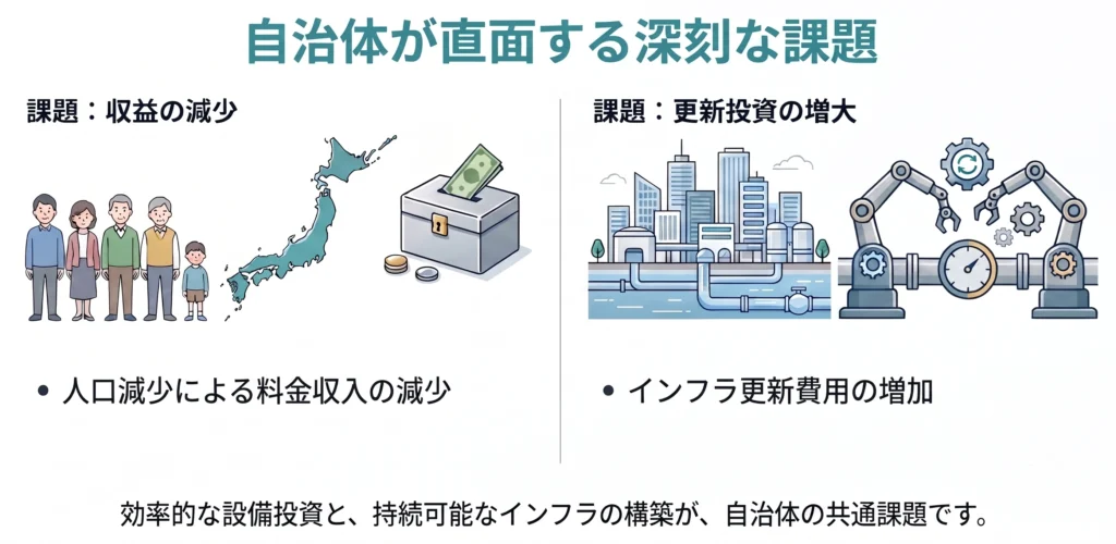 自治体が抱える2つの課題（料金収入の減少と、インフラ更新費用の増加）を説明するイラスト。