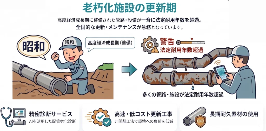 老朽化施設の更新期をテーマに、昭和の整備から現代の劣化、AI診断等の解決策までを描いたイラスト。