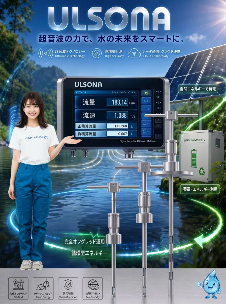 超音波で流量を測る「ULSONA」の紹介画像。太陽光発電と蓄電による完全オフグリッド運用を表現。