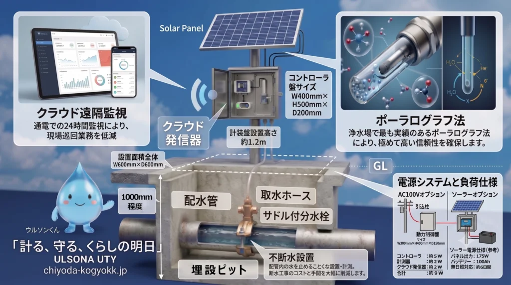 ソーラーパネルで動き、スマートフォンでいつでも水質を確認できる監視システム「ULSONA UTY」のイラスト。地下の配管の水を止めずに、そのままセンサーを取り付けて計る仕組みが描かれています。