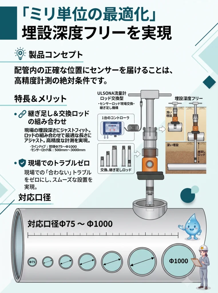 ロッドの継ぎ足しでミリ単位の最適化と埋設深度フリーを実現するULSONA流量計。トラブルをゼロに。