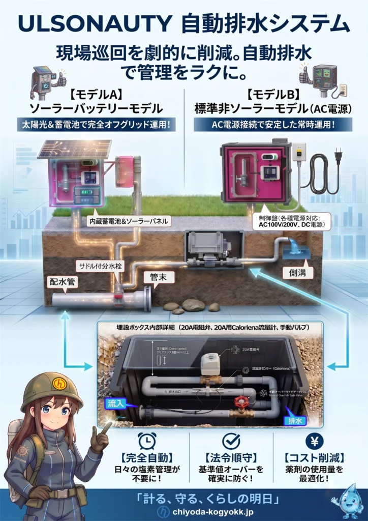 ULSONAUTY自動排水システムカタログ。2種の電源設置図、管末排水機構と法令順守等の利点を掲載。