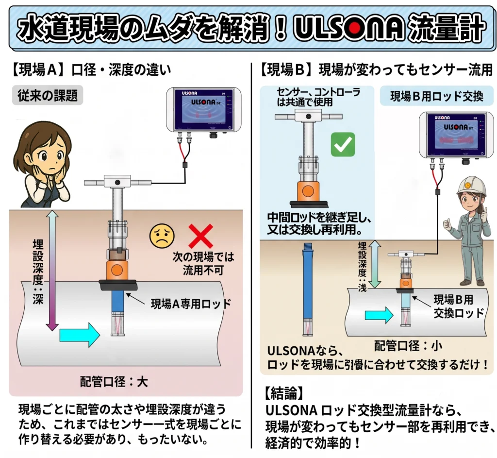 業界初のロッド現場交換機構を搭載し、1台で口径75から1000ミリまで対応する超音波流量計。