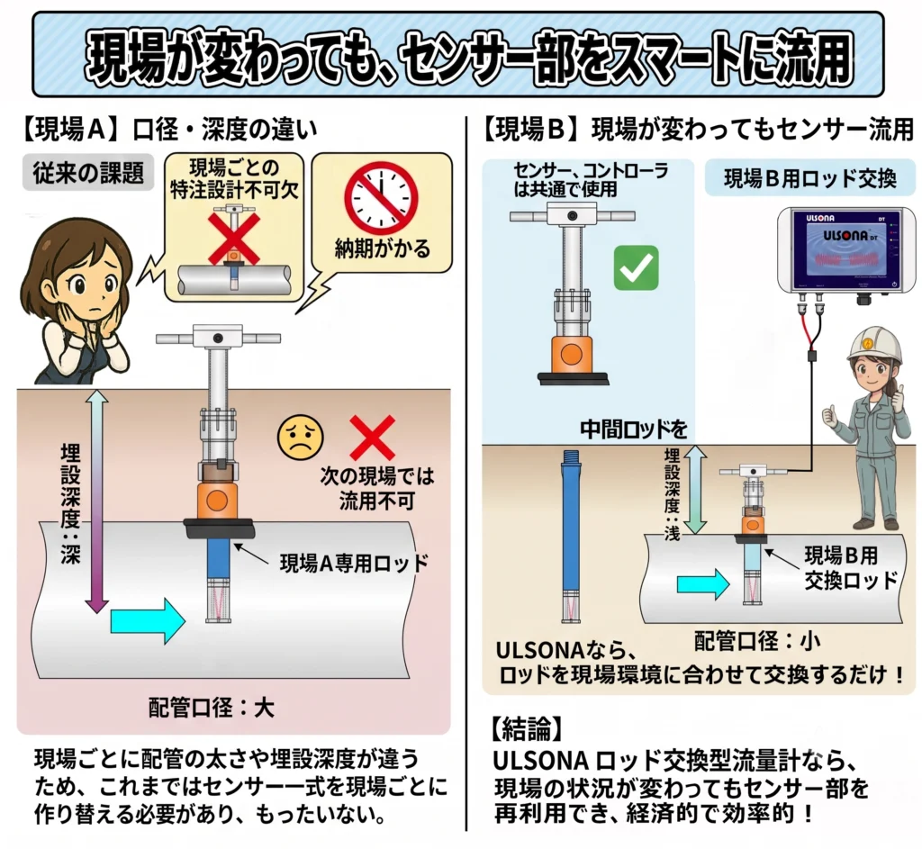 業界初のロッド現場交換機構を搭載し、1台で口径75から1000ミリまで対応する超音波流量計。