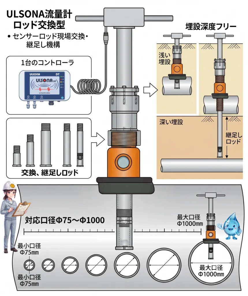 現場でセンサーロッドの交換・継足しが可能な、埋設深度フリーのポータブル挿入式超音波流量計。