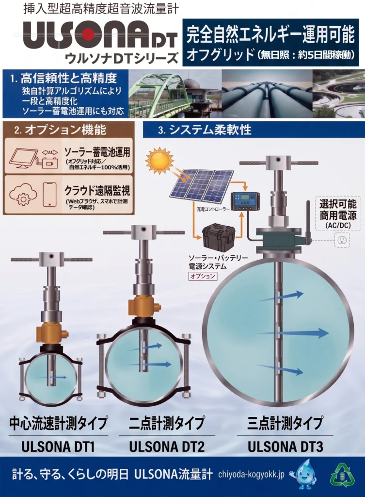 ソーラー蓄電池とクラウド監視に対応した挿入型超音波流量計ULSONA DTシリーズ